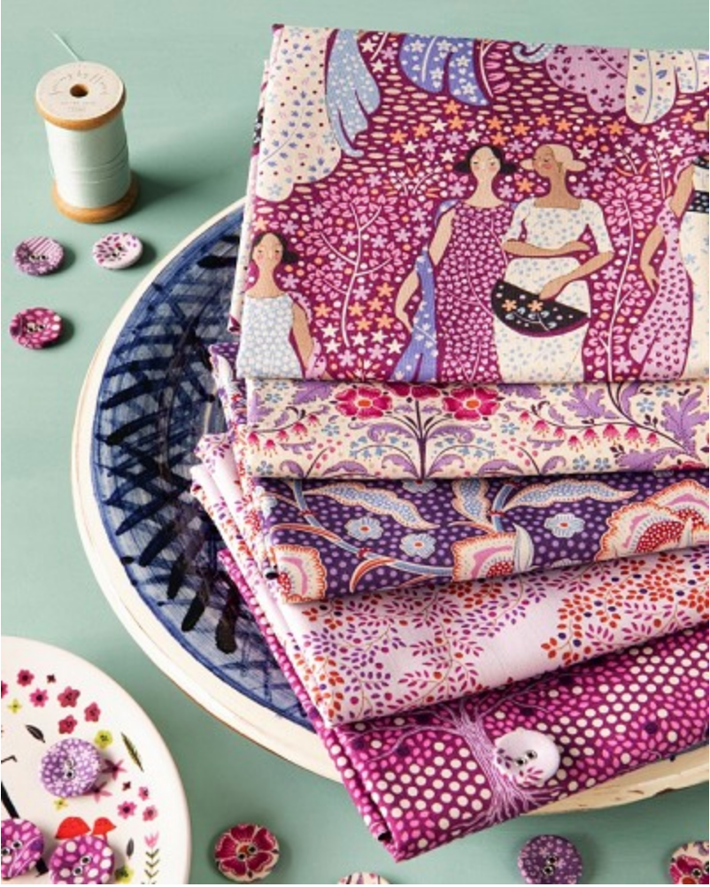 purple display image fabrics on a plate with cotton and buttons Tilda hometown precut collection 2 Sew Textiles Art Quilt Supplies