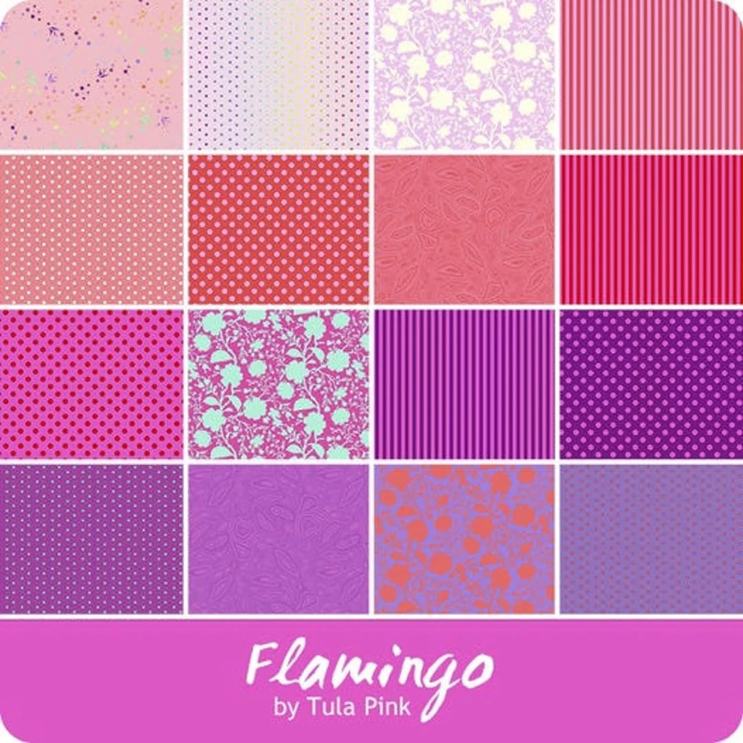 Flamingo colourway - Pink red purple magenta orange Tula pink fat quarter fq fabric stack  fabrics from here True Colours colors fabric line available at 2 sew textiles art quilt supplies